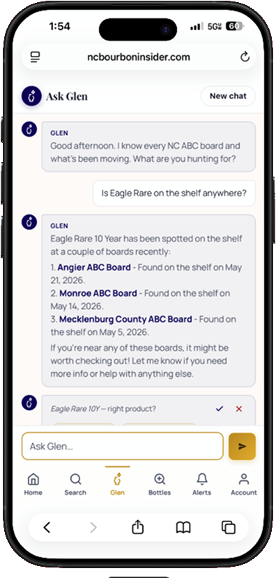 Glen answering 'Is Eagle Rare on the shelf anywhere?' with three boards and dates