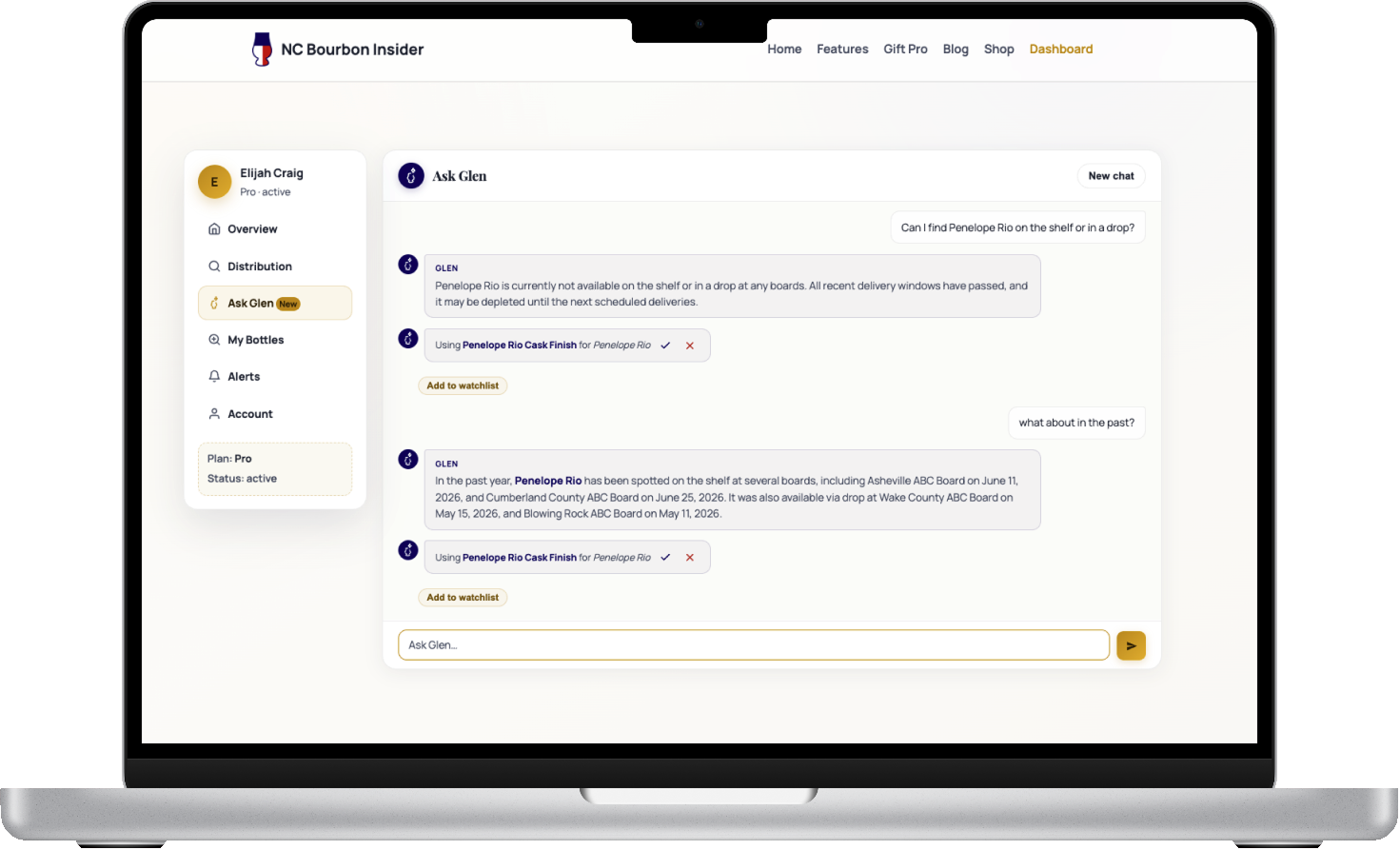 Glen bourbon assistant chat interface