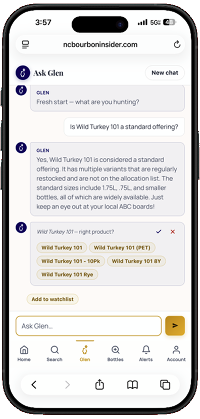 Glen confirming Wild Turkey 101 mapping with variant options and checkmark/X chips